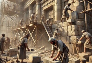 Ancient masons and stonecutters repairing the Lord’s temple in Jerusalem using Iron Age tools.