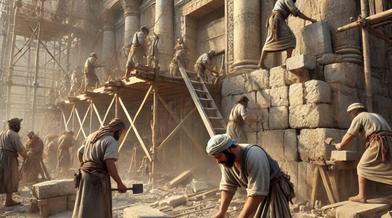 Ancient masons and stonecutters repairing the Lord’s temple in Jerusalem using Iron Age tools.