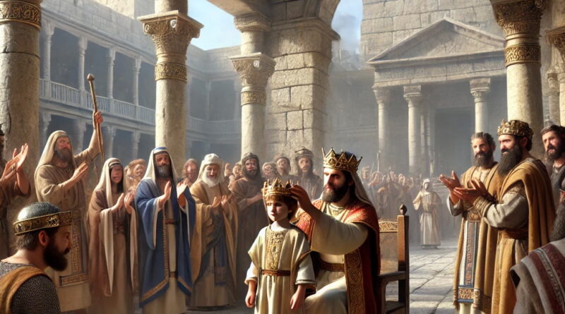 Crowning of King Joash in the Jerusalem temple courtyard, with Jehoiada the priest and a rejoicing crowd.
