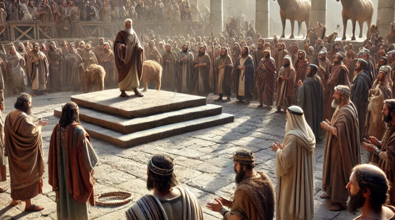 An ancient Israelite temple courtyard with people gathering for a Baal sacrifice, while Jehu watches secretly.