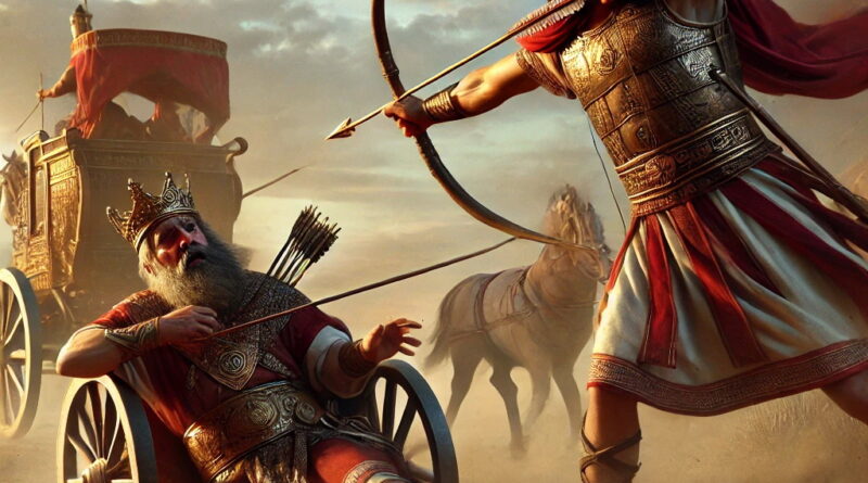 Jehu fires an arrow at King Joram, who is fatally struck in his chariot as the setting sun casts long shadows over the battlefield.