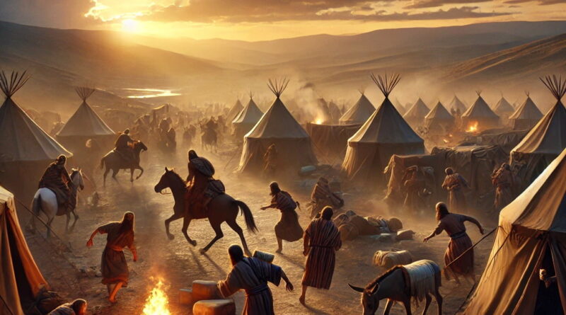 Syrian soldiers flee their camp in fear at dusk, leaving behind tents, animals, and equipment.