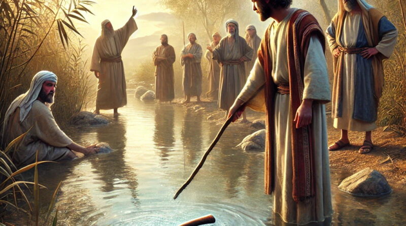 The prophet Elisha throws a stick into the water, and the iron axe head miraculously floats while a man watches in astonishment.
