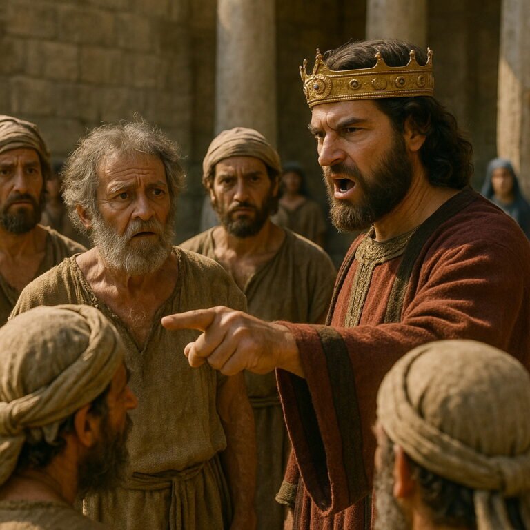 King Rehoboam angrily addresses the people, while those gathered around him react with shock and concern.