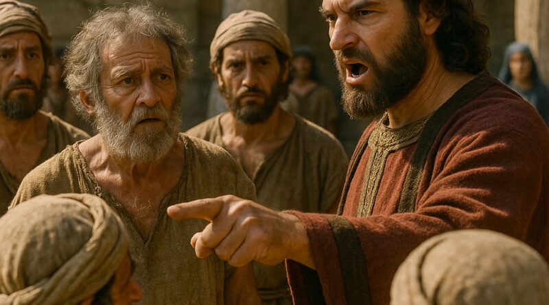 King Rehoboam angrily addresses the people, while those gathered around him react with shock and concern.