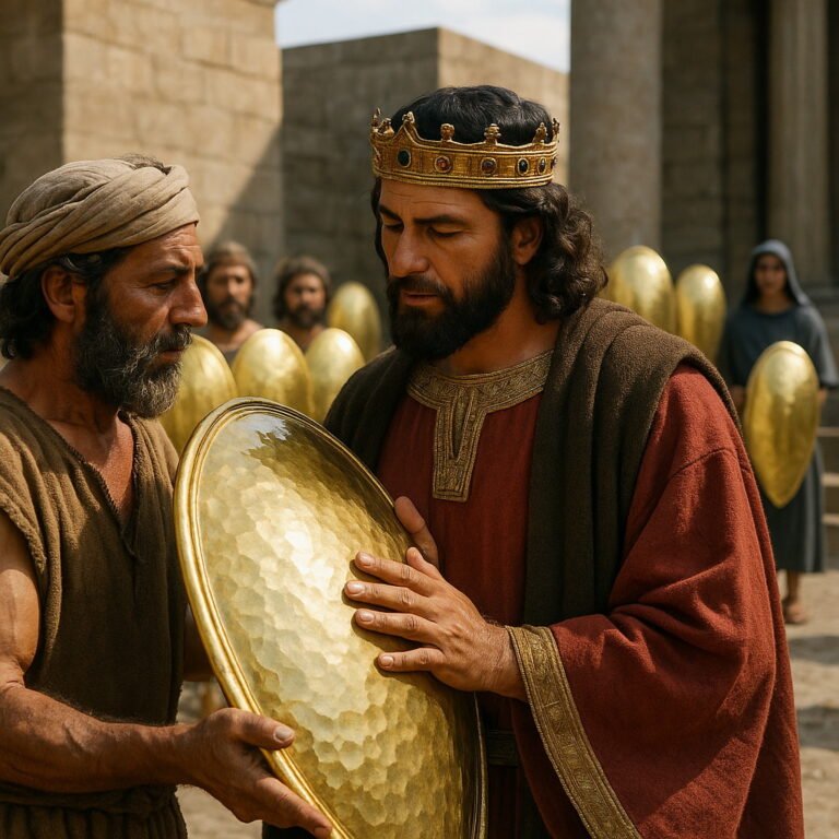 King Solomon examines a golden shield, surrounded by craftsmen and soldiers each holding similar shields.