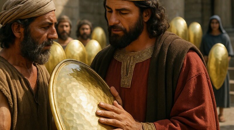 King Solomon examines a golden shield, surrounded by craftsmen and soldiers each holding similar shields.
