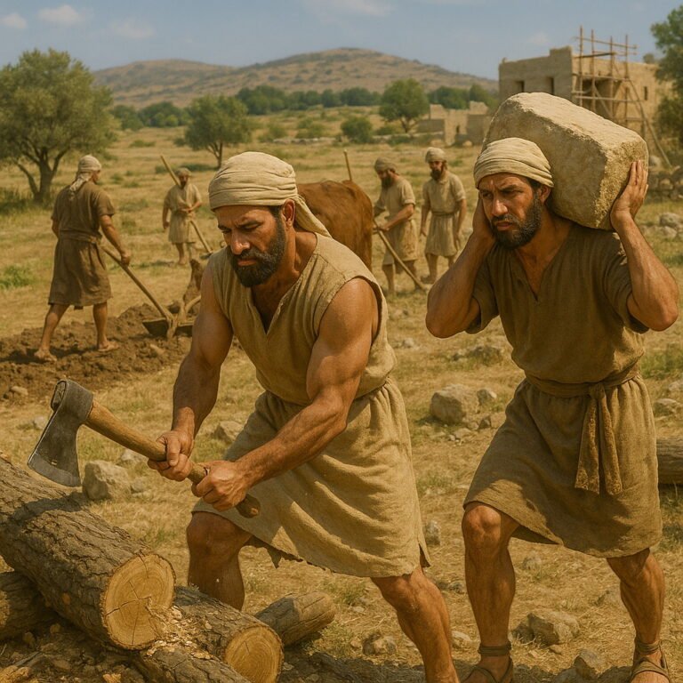 Men working under Solomon’s rule: chopping wood, carrying stone, and plowing the land, with a construction site in the background.