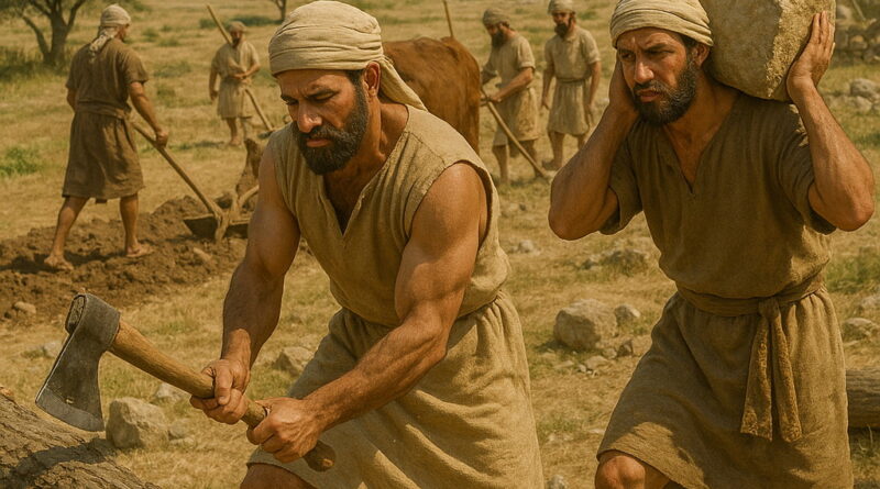 Men working under Solomon’s rule: chopping wood, carrying stone, and plowing the land, with a construction site in the background.