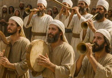 Levites playing instruments while priests trumpet behind them during a sacred ceremony before a stone wall.