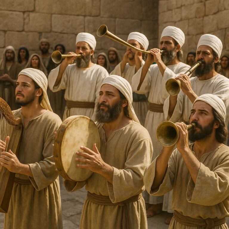 Levites playing instruments while priests trumpet behind them during a sacred ceremony before a stone wall.