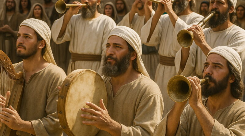 Levites playing instruments while priests trumpet behind them during a sacred ceremony before a stone wall.