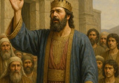 King Solomon speaks to the people with raised hand before the house of the Lord, giving thanks for the fulfillment of the Father's promise.