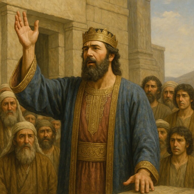 King Solomon speaks to the people with raised hand before the house of the Lord, giving thanks for the fulfillment of the Father's promise.