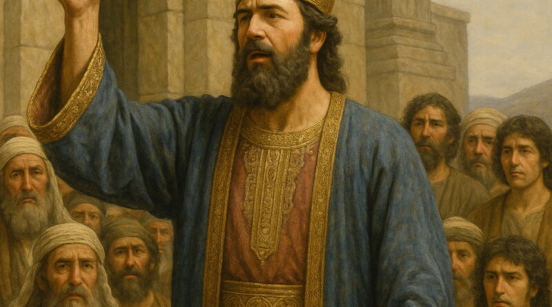 King Solomon speaks to the people with raised hand before the house of the Lord, giving thanks for the fulfillment of the Father's promise.