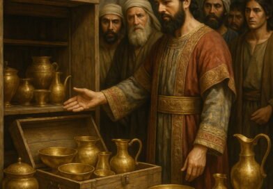 King Solomon presents the gold and silver vessels dedicated to the house of the Lord, as men stand observing around him.
