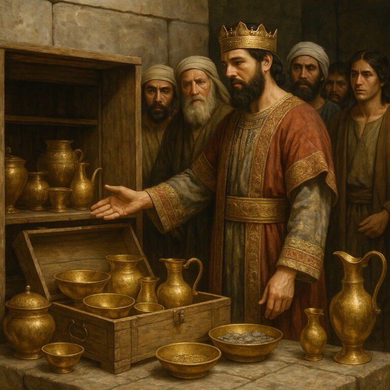King Solomon presents the gold and silver vessels dedicated to the house of the Lord, as men stand observing around him.