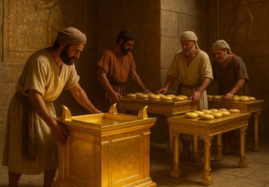 Craftsmen arrange a golden altar and tables with sacred bread in the golden-lit interior of Solomon’s Temple, surrounded by detailed stone walls.