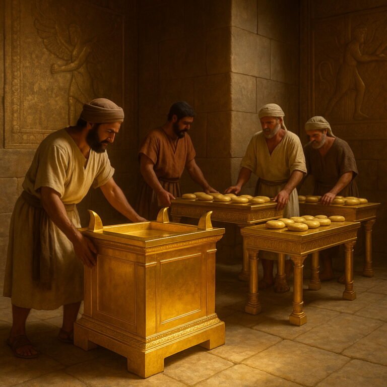 Craftsmen arrange a golden altar and tables with sacred bread in the golden-lit interior of Solomon’s Temple, surrounded by detailed stone walls.