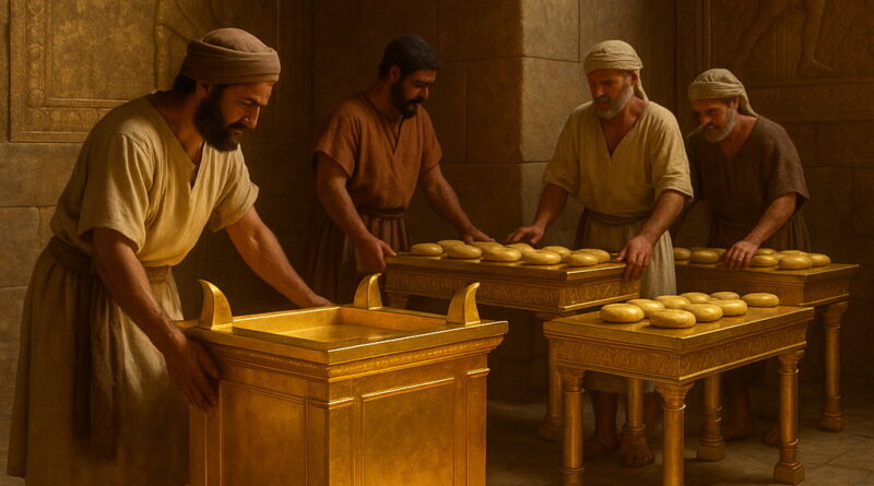 Craftsmen arrange a golden altar and tables with sacred bread in the golden-lit interior of Solomon’s Temple, surrounded by detailed stone walls.