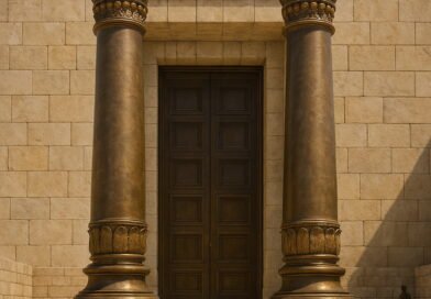 Two massive bronze pillars stand side by side at the entrance of an ancient temple, their ornate tops gleaming in the sunlight, with the grand doorway and stone walls behind.
