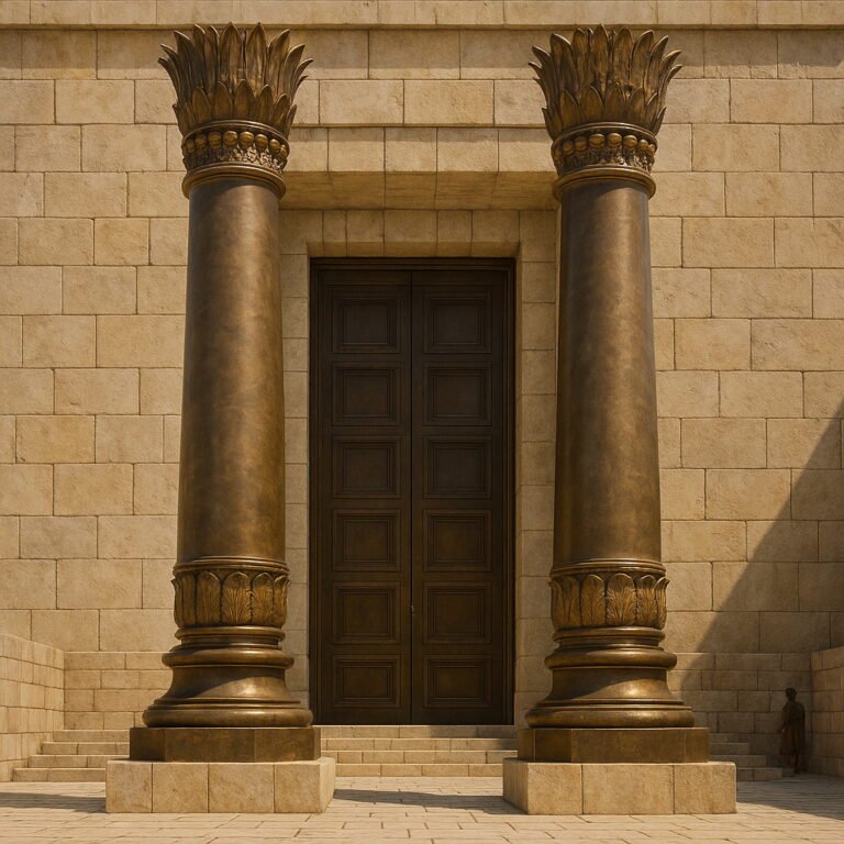 Two massive bronze pillars stand side by side at the entrance of an ancient temple, their ornate tops gleaming in the sunlight, with the grand doorway and stone walls behind.