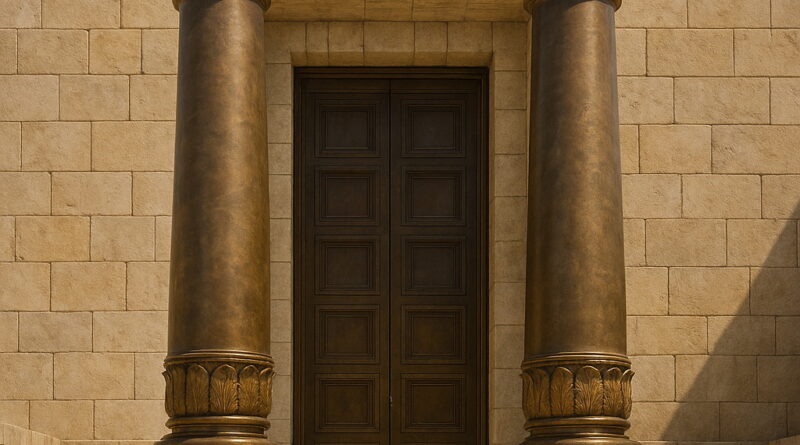 Two massive bronze pillars stand side by side at the entrance of an ancient temple, their ornate tops gleaming in the sunlight, with the grand doorway and stone walls behind.