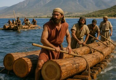 Ancient workers transport large cedar logs on rafts across the sea with mountains in the background, heading toward Joppa.