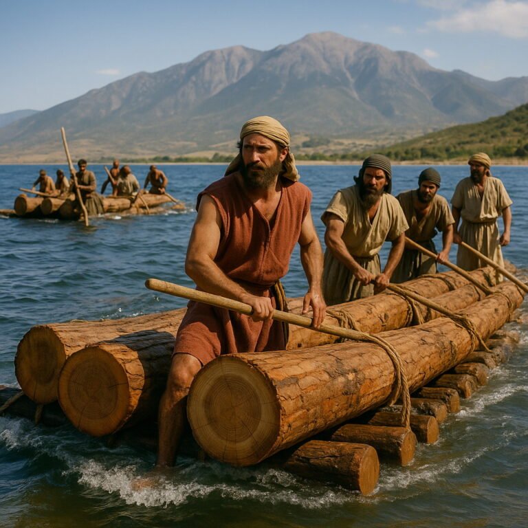 Ancient workers transport large cedar logs on rafts across the sea with mountains in the background, heading toward Joppa.