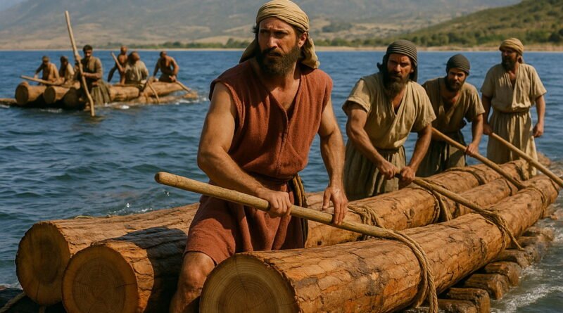 Ancient workers transport large cedar logs on rafts across the sea with mountains in the background, heading toward Joppa.