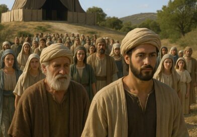 Solomon leads a large assembly of Israelites up a dusty hill towards the Tabernacle at Gibeon, under a clear sky.