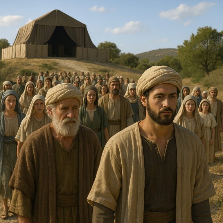 Solomon leads a large assembly of Israelites up a dusty hill towards the Tabernacle at Gibeon, under a clear sky.