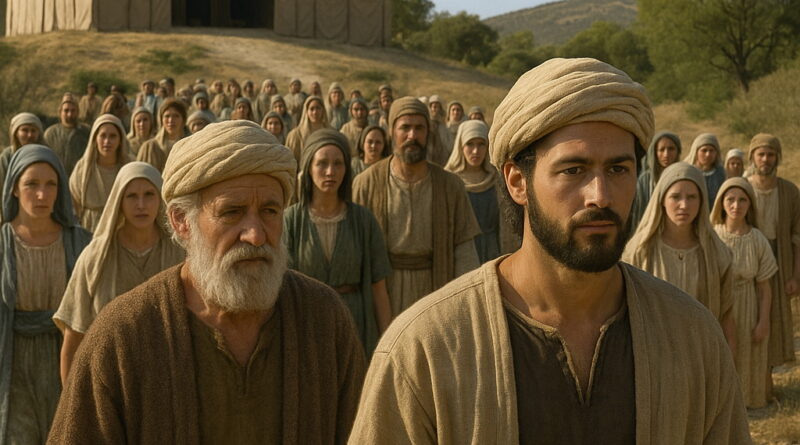 Solomon leads a large assembly of Israelites up a dusty hill towards the Tabernacle at Gibeon, under a clear sky.