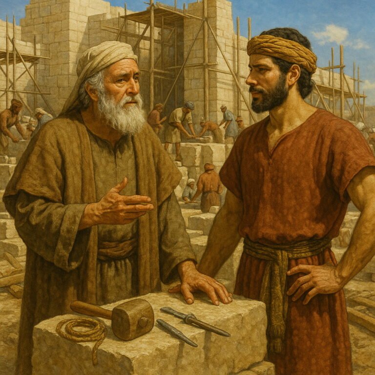 Israelite elders and leaders offer gold and silver gifts in a sunlit courtyard, surrounded by their people.