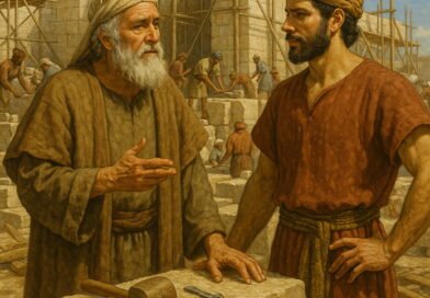 King David instructs his son Solomon at the ancient temple construction site, surrounded by workers and stone blocks.