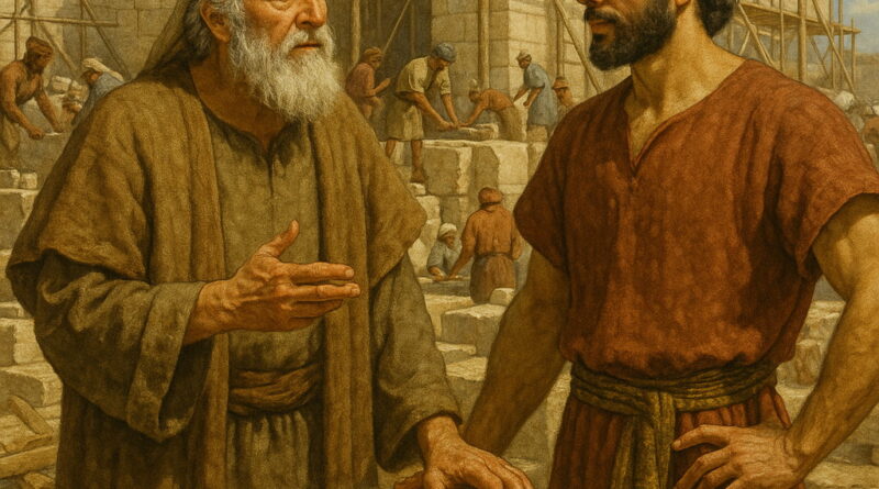 King David instructs his son Solomon at the ancient temple construction site, surrounded by workers and stone blocks.
