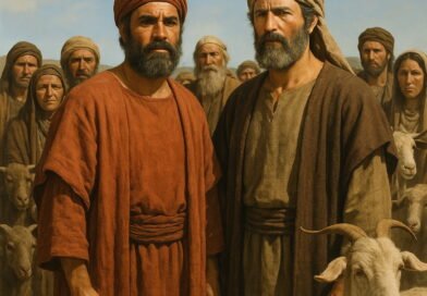Two Israelite leaders, Eliezer and Saphatias, stand among their tribespeople and livestock in an ancient Middle Eastern landscape.