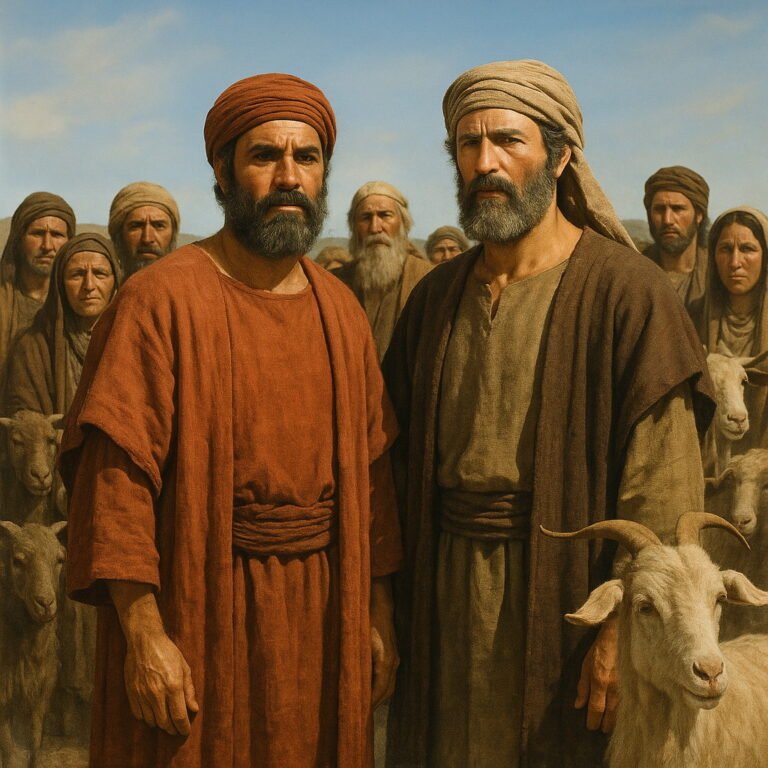 Two Israelite leaders, Eliezer and Saphatias, stand among their tribespeople and livestock in an ancient Middle Eastern landscape.