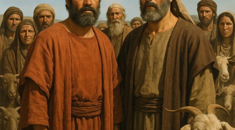 Two Israelite leaders, Eliezer and Saphatias, stand among their tribespeople and livestock in an ancient Middle Eastern landscape.