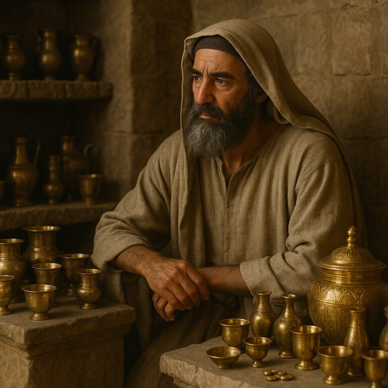 An elderly Levite in ancient robes watches over gold vessels and sacred treasures in a stone storehouse, reflecting solemn responsibility.