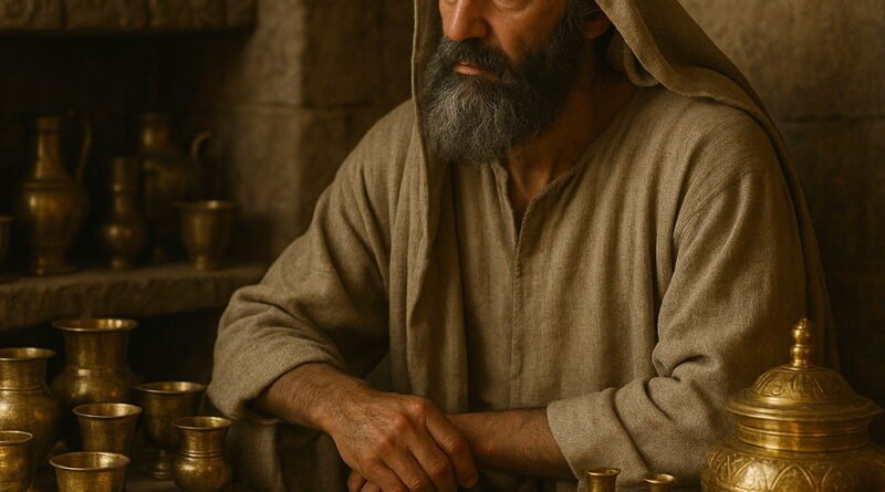 An elderly Levite in ancient robes watches over gold vessels and sacred treasures in a stone storehouse, reflecting solemn responsibility.