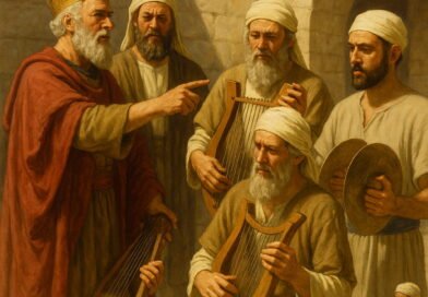 King David, wearing a crown and ancient robes, appoints musicians who play lyres, cymbals, and harps in a sunlit stone courtyard, with other men observing the sacred moment.