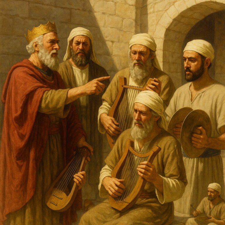 King David, wearing a crown and ancient robes, appoints musicians who play lyres, cymbals, and harps in a sunlit stone courtyard, with other men observing the sacred moment.