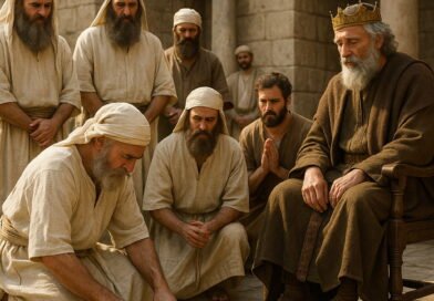 Ancient Israelite priests and Levites, dressed in simple robes, solemnly cast lots with stones before King David and the elders in a sunlit stone courtyard.