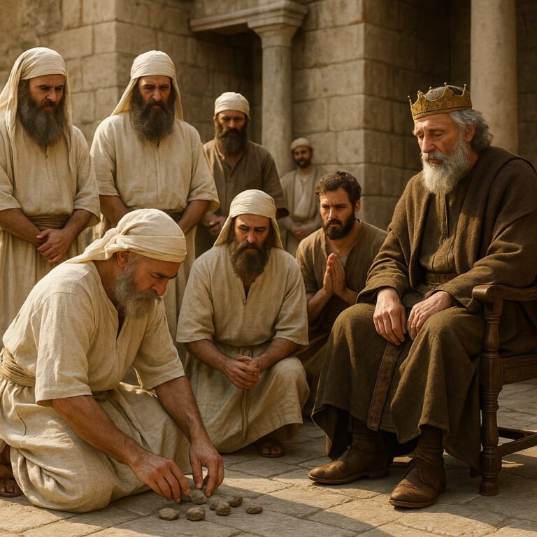 Ancient Israelite priests and Levites, dressed in simple robes, solemnly cast lots with stones before King David and the elders in a sunlit stone courtyard.