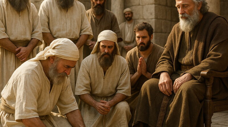 Ancient Israelite priests and Levites, dressed in simple robes, solemnly cast lots with stones before King David and the elders in a sunlit stone courtyard.