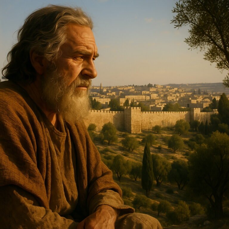 An elderly, bearded man in ancient clothing sits pensively on a hillside, gazing at a sunlit Jerusalem of stone walls, olive groves, and simple stone buildings, with no modern structures visible.