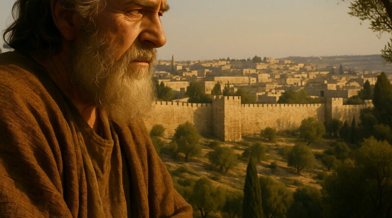 An elderly, bearded man in ancient clothing sits pensively on a hillside, gazing at a sunlit Jerusalem of stone walls, olive groves, and simple stone buildings, with no modern structures visible.
