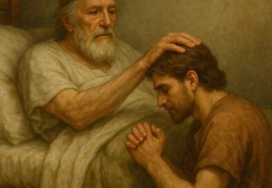 An elderly King David lies in bed, his crown on his head, as he places his hand in blessing on his young son Solomon, who kneels prayerfully beside the bed.