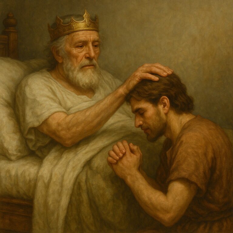 An elderly King David lies in bed, his crown on his head, as he places his hand in blessing on his young son Solomon, who kneels prayerfully beside the bed.